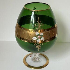 Vtg Empoli Green Glass Gilded Hand Painted Pedestal Vase Brandy Snifter MCM 11"